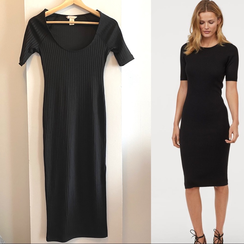 H&M Sexy Black Ribbed Midi Dress with Slit